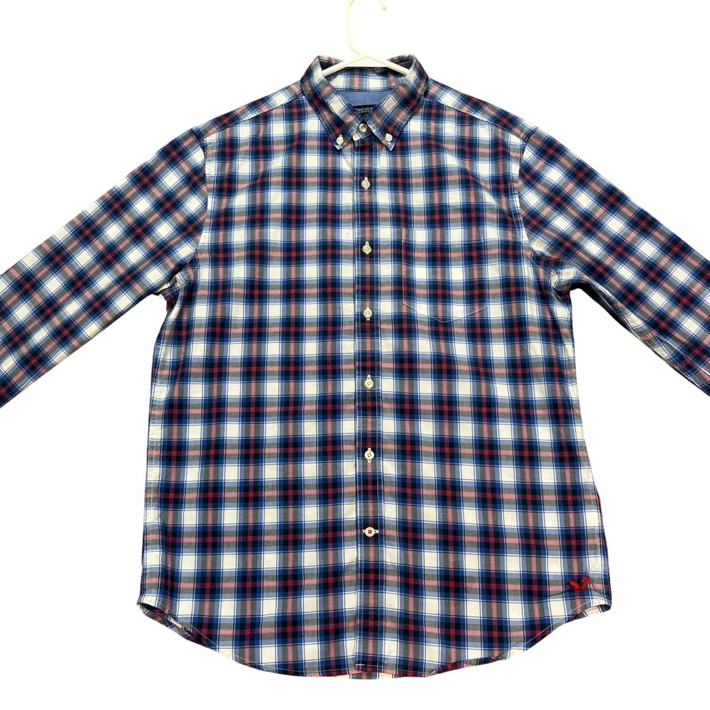 American Eagle Outfitters Mens M Athletic Fit Plaid‎ Button Down Shirt Blue Red